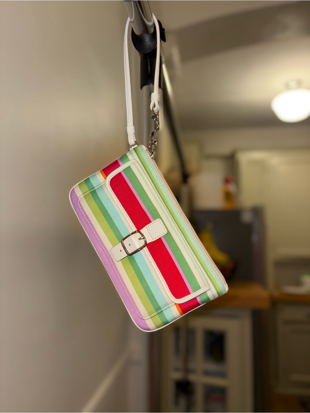 Coach Multicolor Striped Wristlet Clutch with White Trim